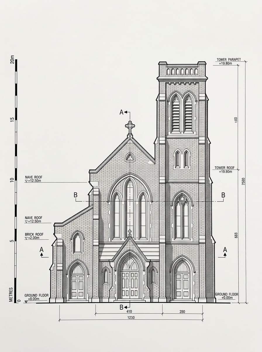 Architectural elevation drawing of St. Andrew's Church, Tsim Sha Tsui, Hong Kong
