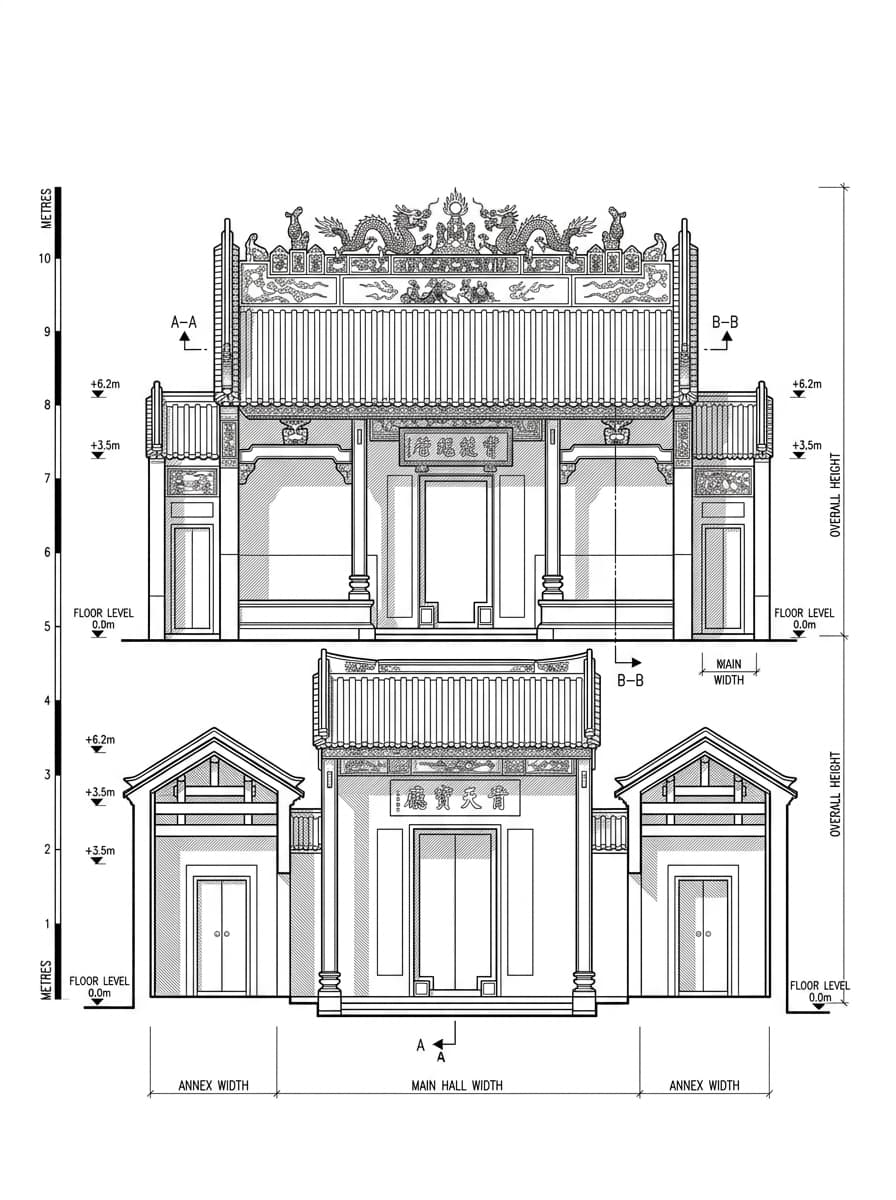 Architectural elevation drawing of Pak Tai Temple, Wan Chai, Hong Kong
