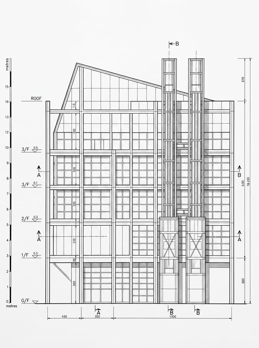Architectural elevation drawing of Hong Kong Science Museum, Tsim Sha Tsui, Hong Kong