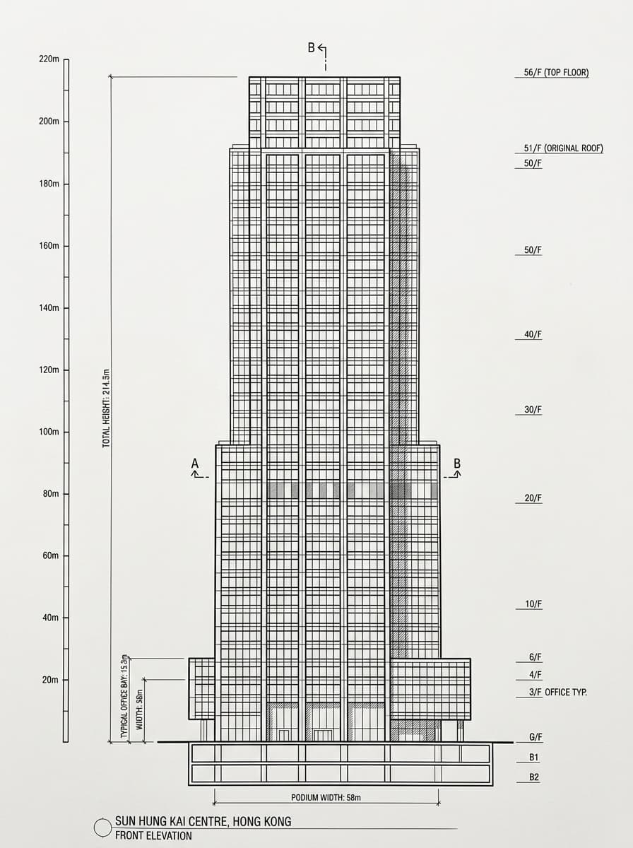 Architectural elevation drawing of Sun Hung Kai Centre, Wan Chai, Hong Kong