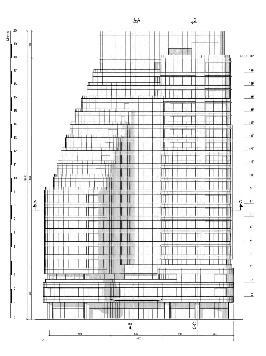 Architectural elevation drawing of Wharf T&T Square, Kwun Tong, Hong Kong