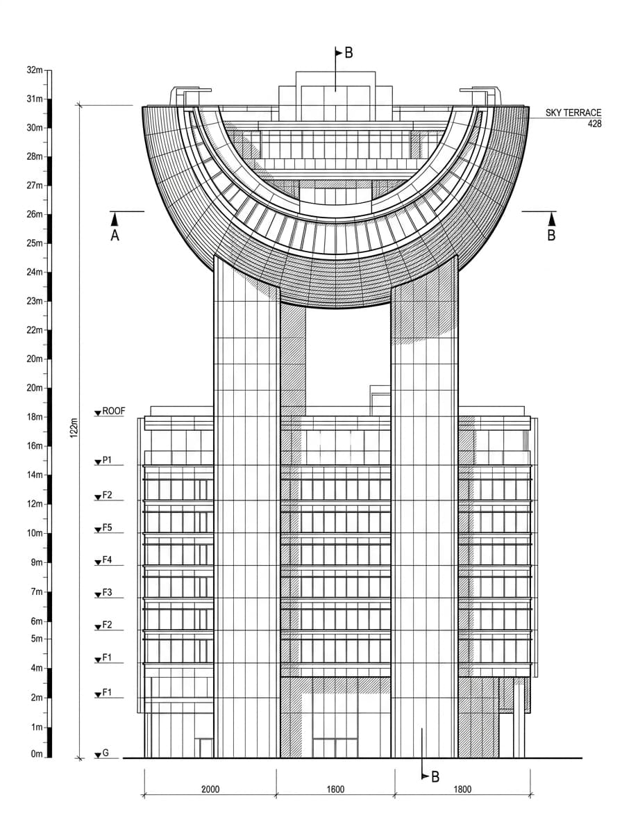 Architectural elevation drawing of The Peak Tower, Central & Western, Hong Kong