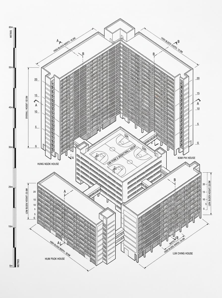 Architectural elevation drawing of Choi Hung Estate, Wong Tai Sin, Hong Kong