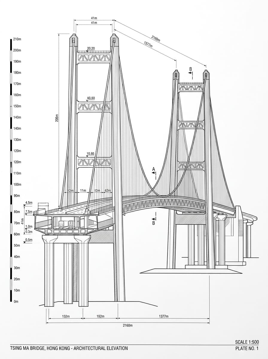 Architectural elevation drawing of Tsing Ma Bridge, Kwai Tsing / Islands, Hong Kong