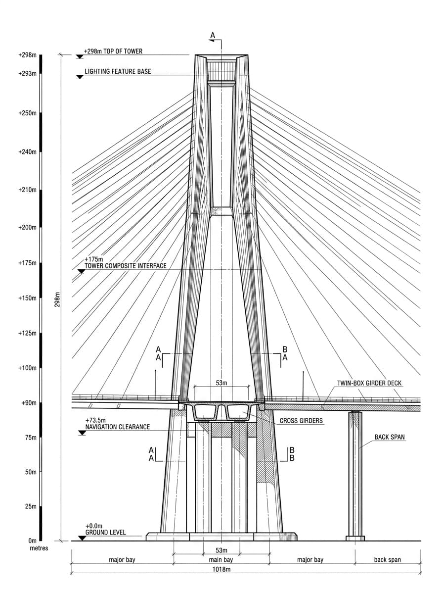 Architectural elevation drawing of Stonecutters Bridge, Kwai Tsing, Hong Kong