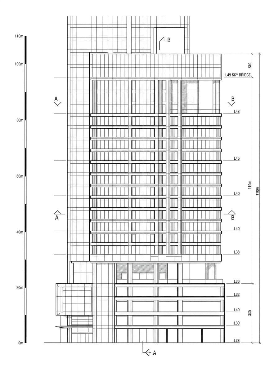 Architectural elevation drawing of The Upper House, Admiralty, Hong Kong
