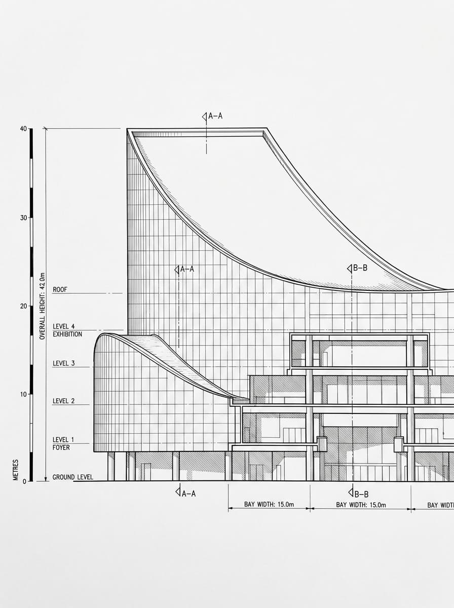 Architectural elevation drawing of Hong Kong Cultural Centre, Tsim Sha Tsui, Hong Kong