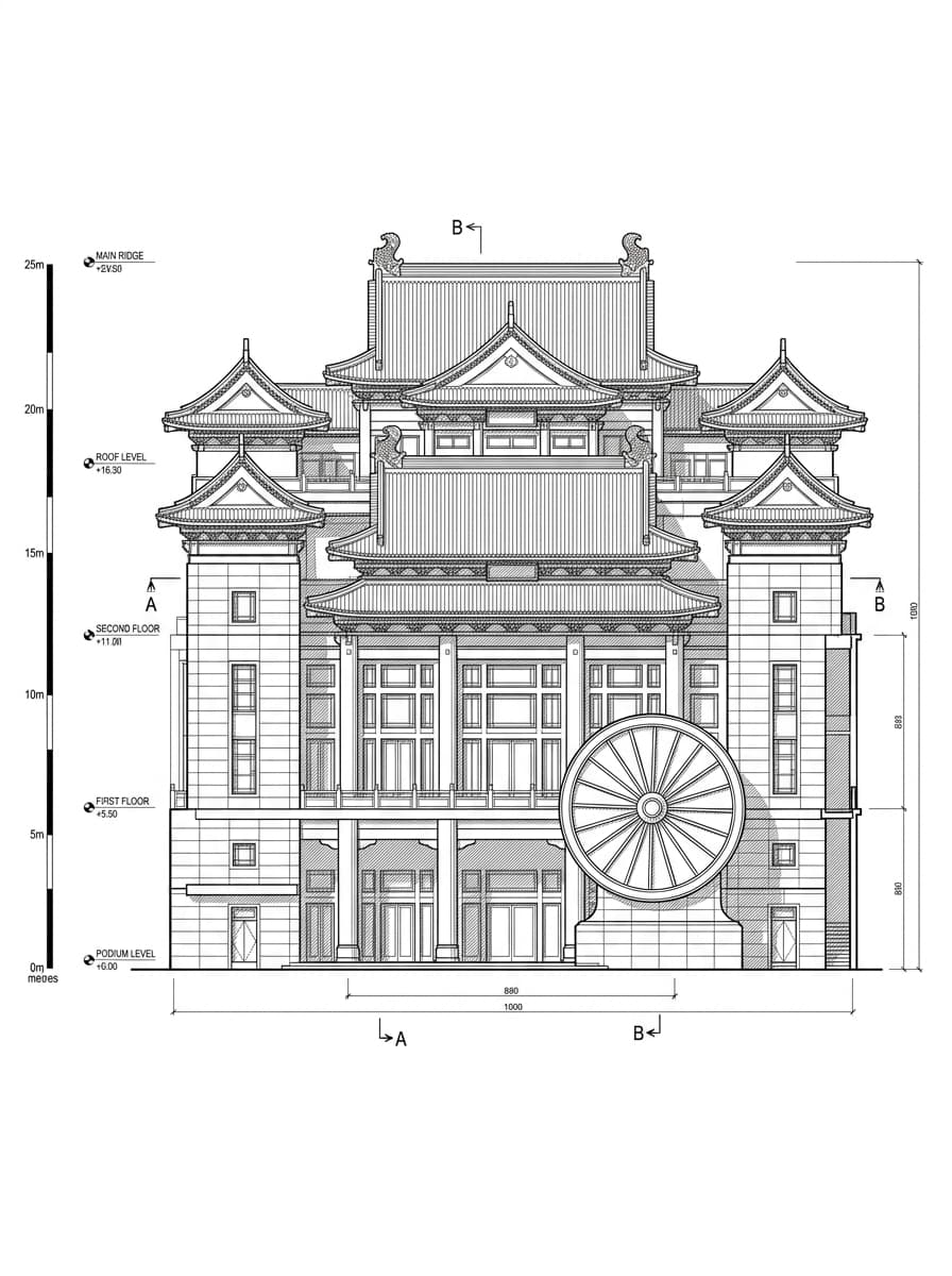 Architectural elevation drawing of Che Kung Temple, Sha Tin, Hong Kong