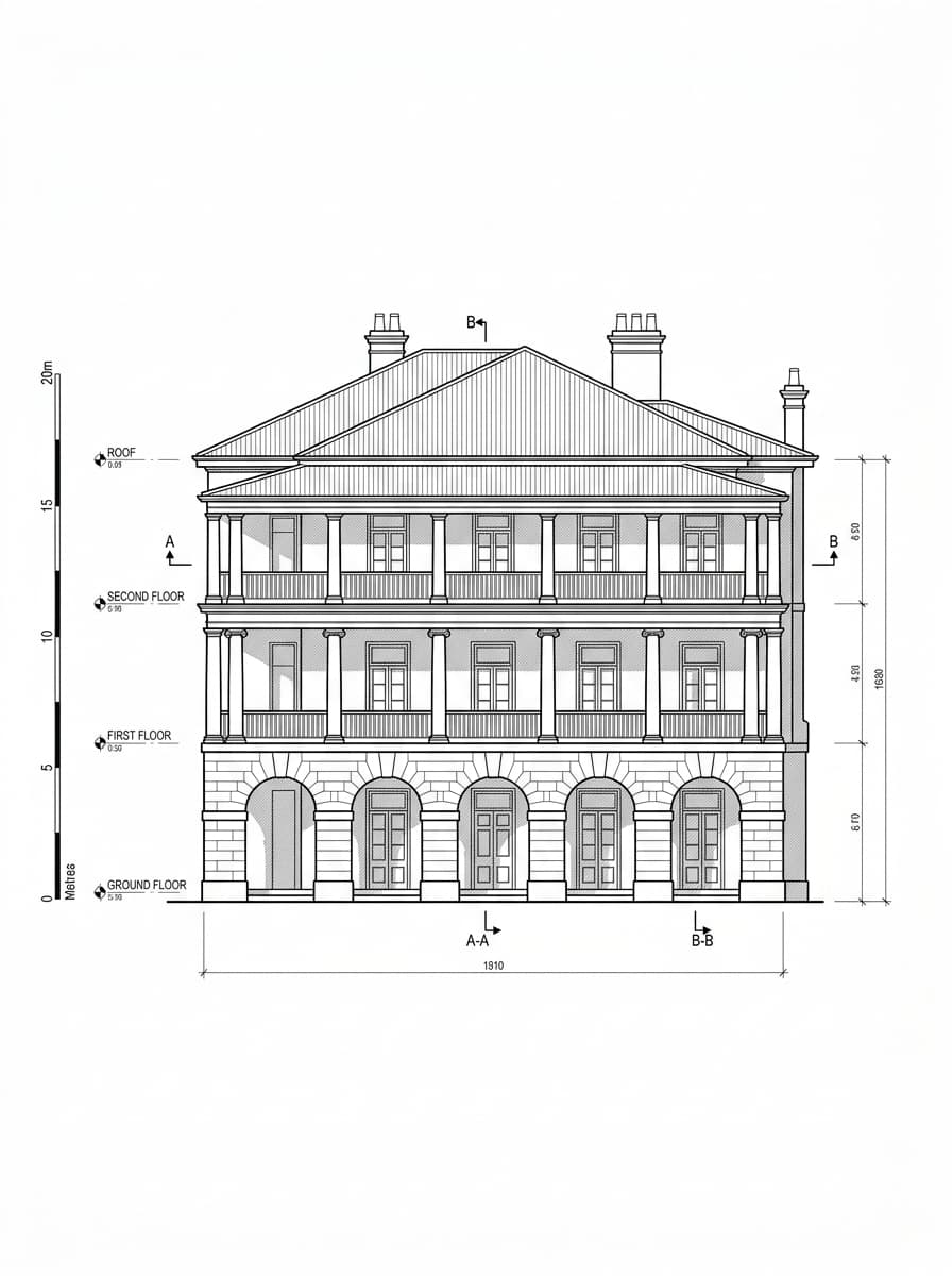 Architectural elevation drawing of Murray House (Stanley), Southern, Hong Kong