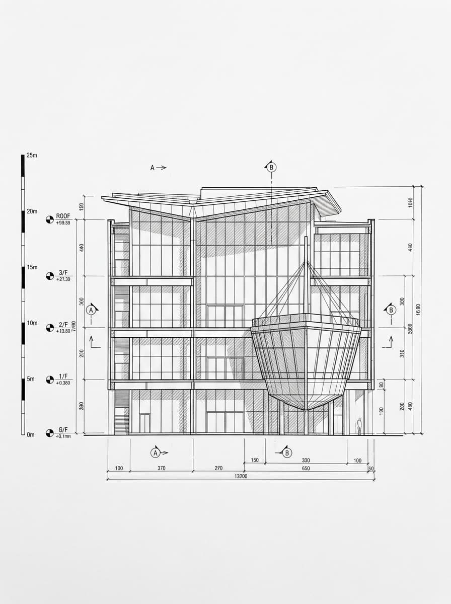 Architectural elevation drawing of Hong Kong Maritime Museum, Central, Hong Kong
