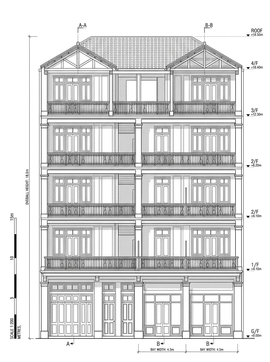 Architectural elevation drawing of Comix Home Base / 7 Mallory Street, Wan Chai, Hong Kong