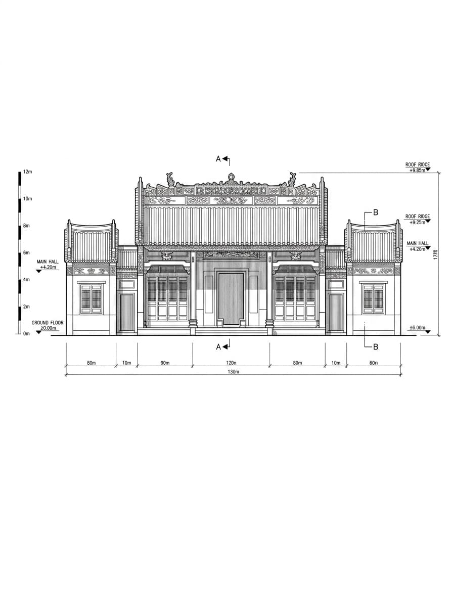 Architectural elevation drawing of Tin Hau Temple (Joss House Bay), Sai Kung, Hong Kong