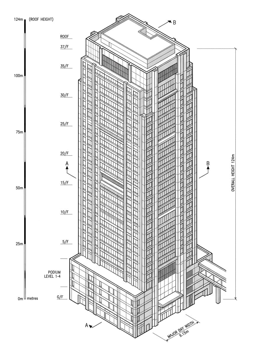 Architectural elevation drawing of Alexandra House, Central, Hong Kong