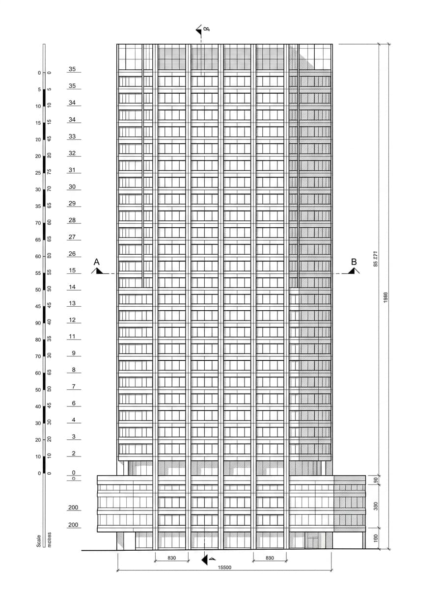 Architectural elevation drawing of Great Eagle Centre, Wan Chai, Hong Kong