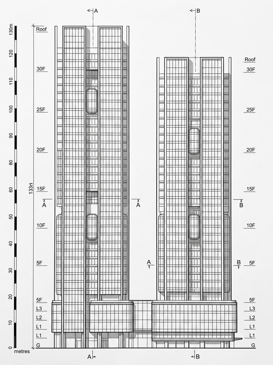 Architectural elevation drawing of Billion Centre, Kwun Tong, Hong Kong