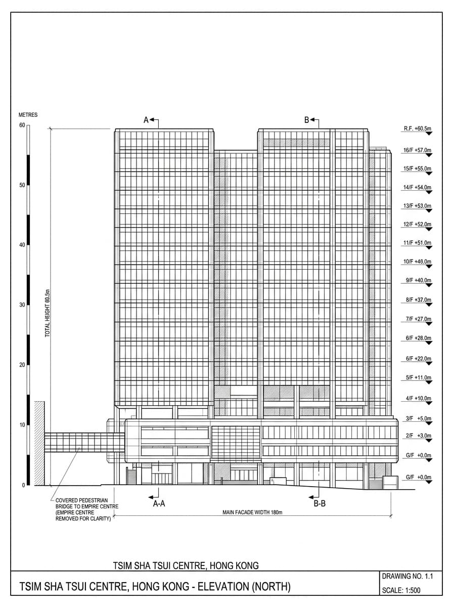 Architectural elevation drawing of Tsim Sha Tsui Centre, Tsim Sha Tsui, Hong Kong