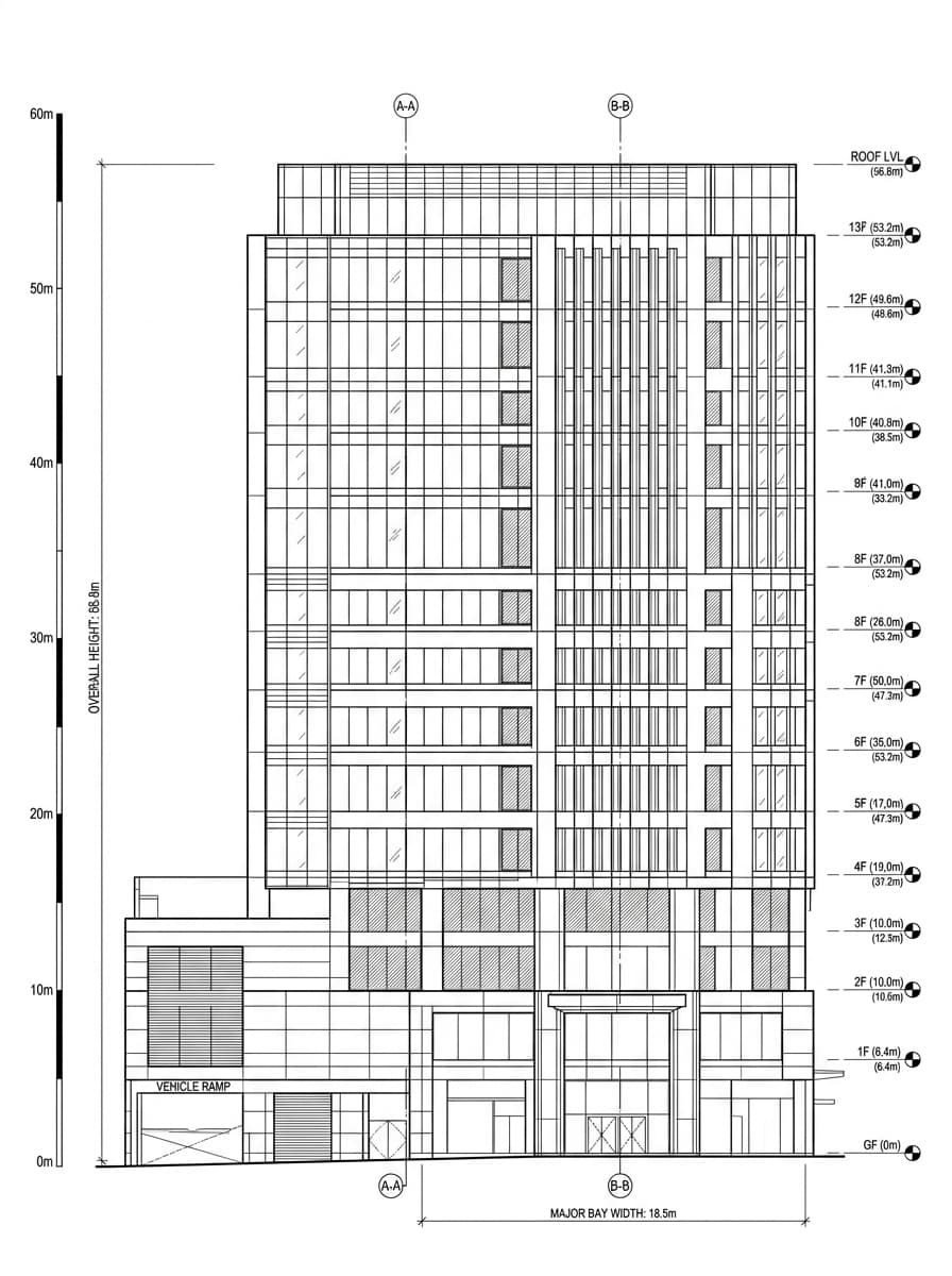 Architectural elevation drawing of New Mandarin Plaza, Tsim Sha Tsui, Hong Kong