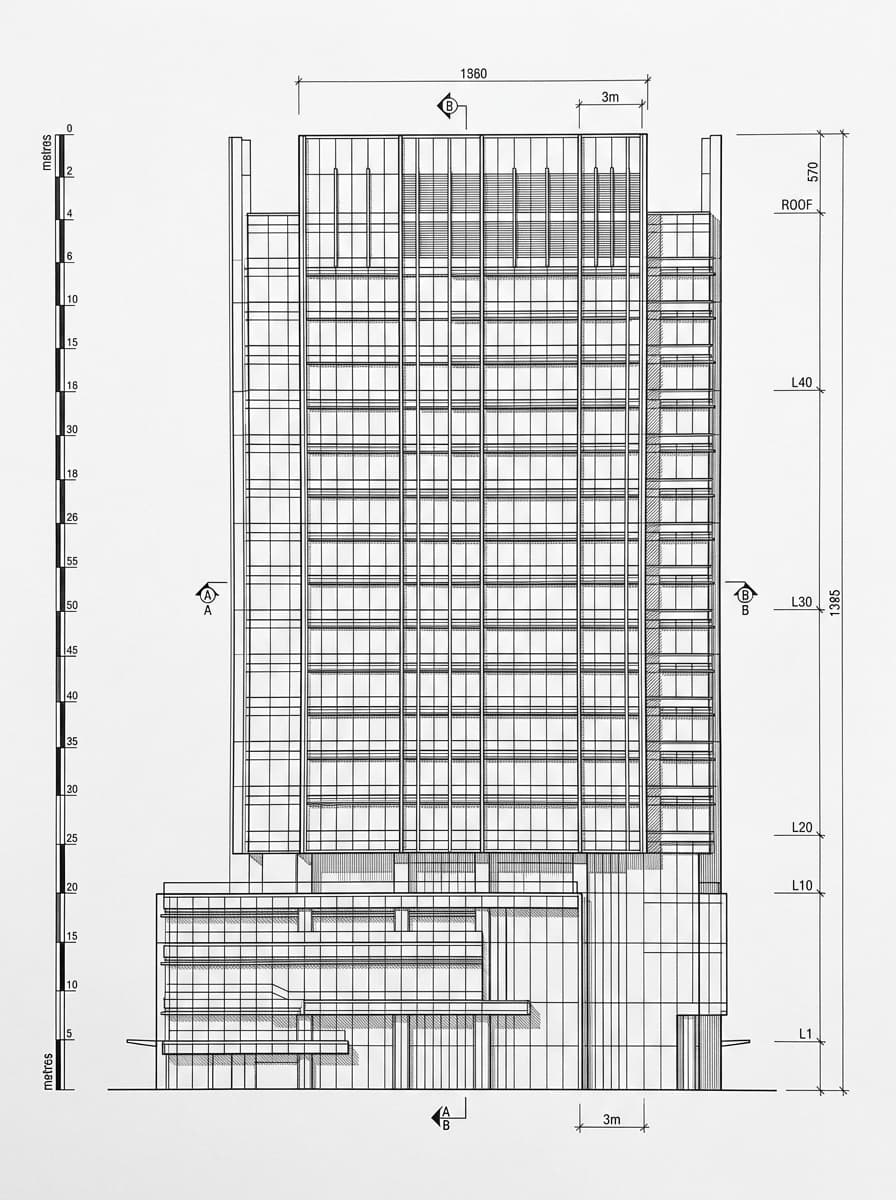 Architectural elevation drawing of WeWork One Taikoo Place, Eastern, Hong Kong