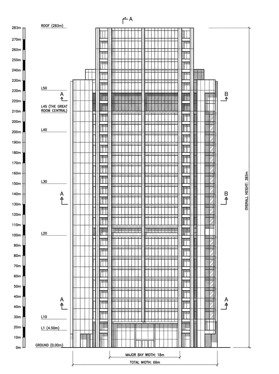 Architectural elevation drawing of The Great Room Central, Central, Hong Kong