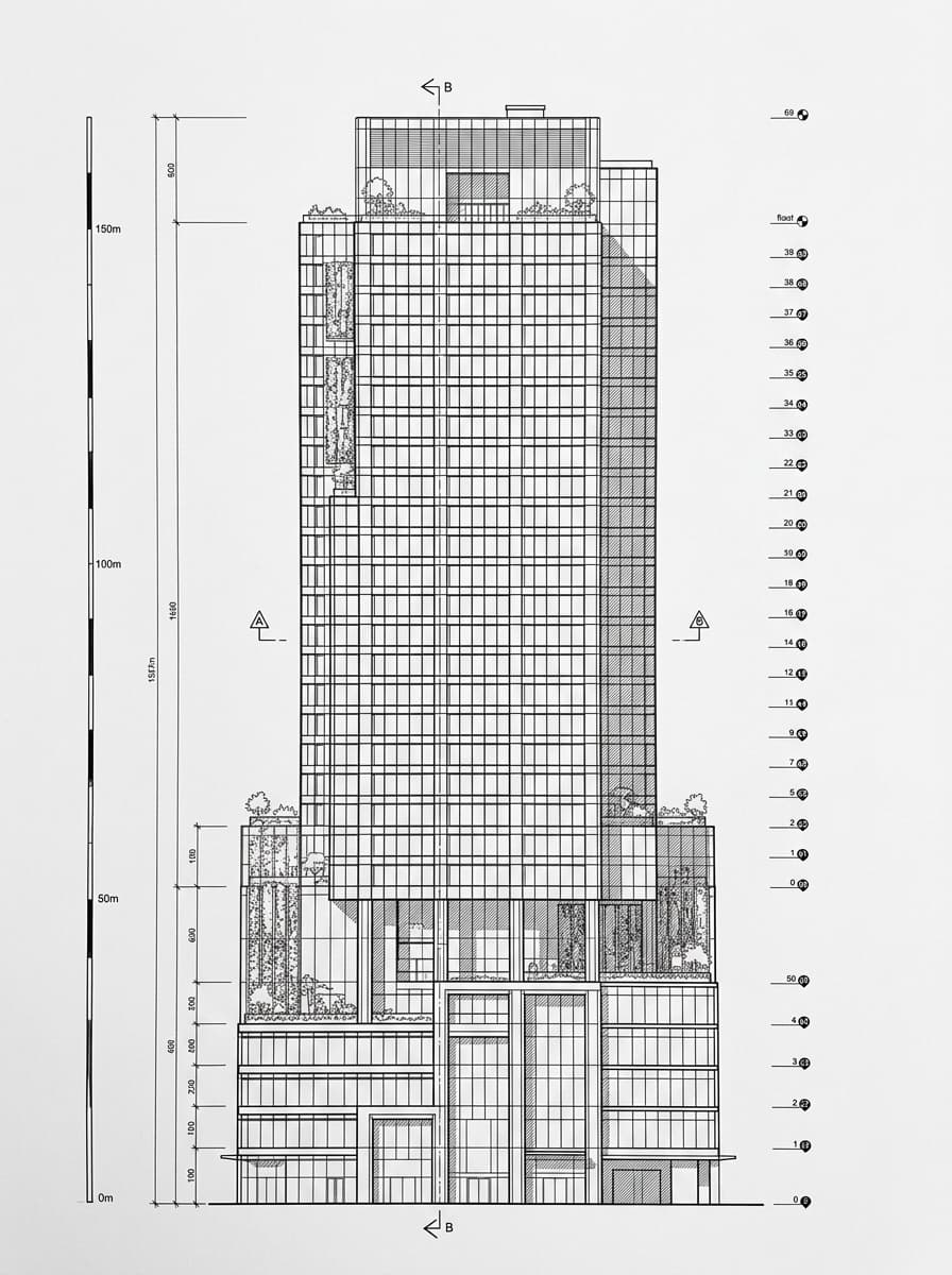 Architectural elevation drawing of Spaces Lee Gardens, Causeway Bay, Hong Kong