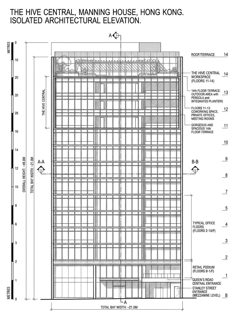 Architectural elevation drawing of The Hive Central, Sheung Wan, Hong Kong