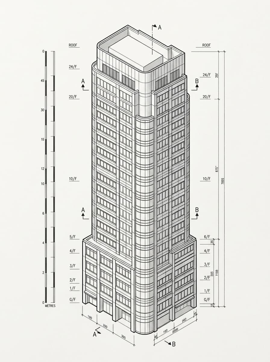 Architectural elevation drawing of Bonham Strand Trade Centre, Sheung Wan, Hong Kong