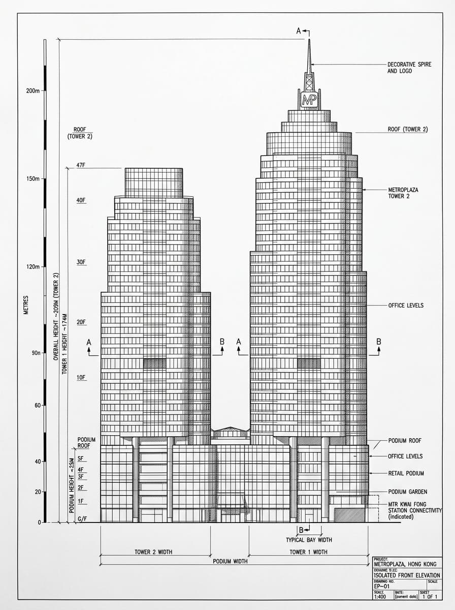 Architectural elevation drawing of Metroplaza, Kwai Tsing, Hong Kong