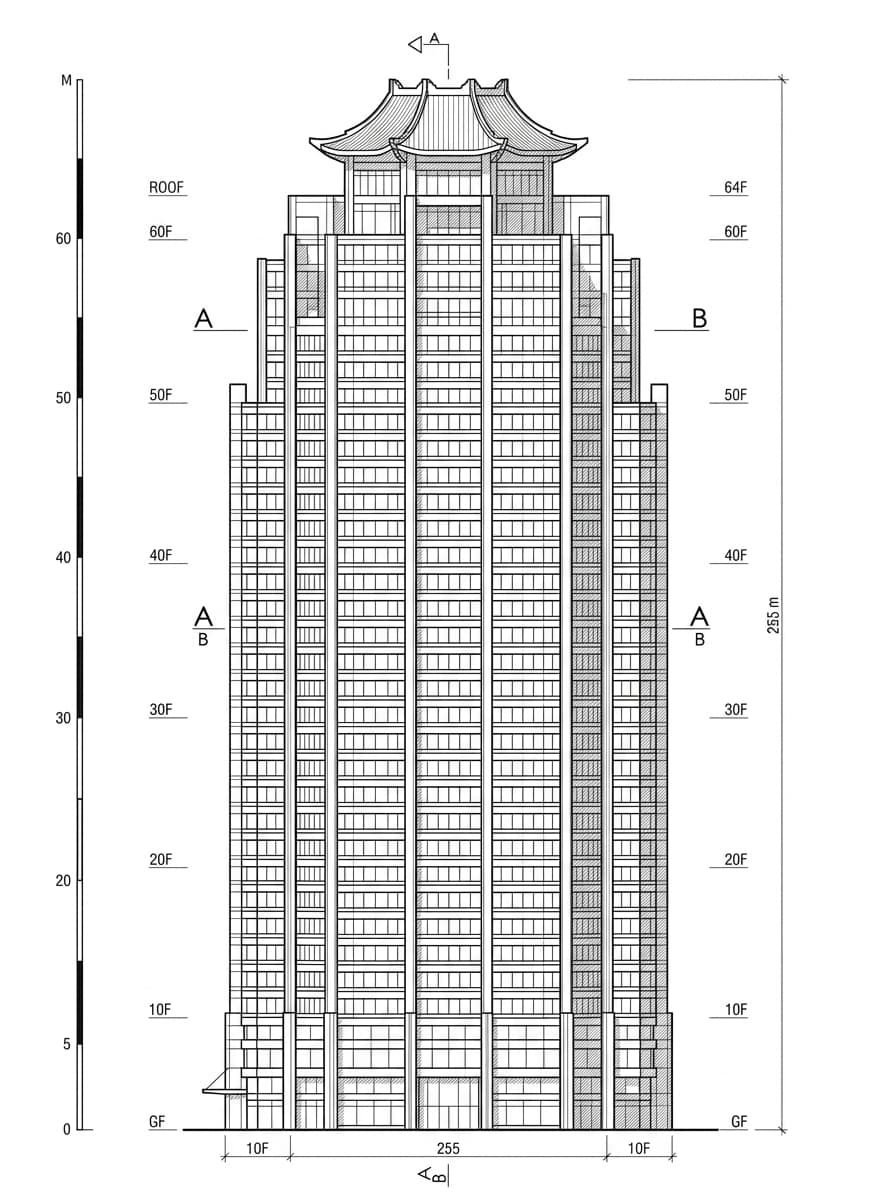 Architectural elevation drawing of Chinachem Tower, Sheung Wan, Hong Kong