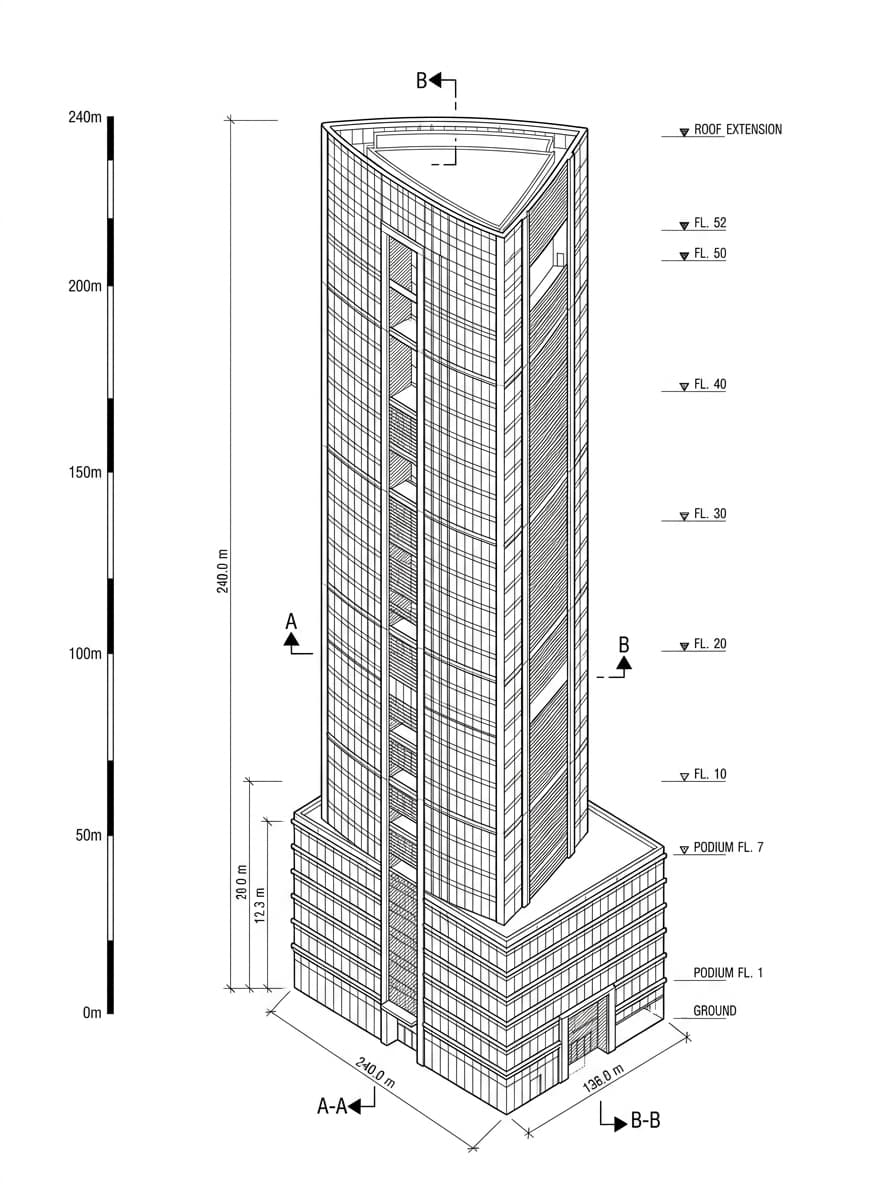 Architectural elevation drawing of Lee Garden One, Causeway Bay, Hong Kong