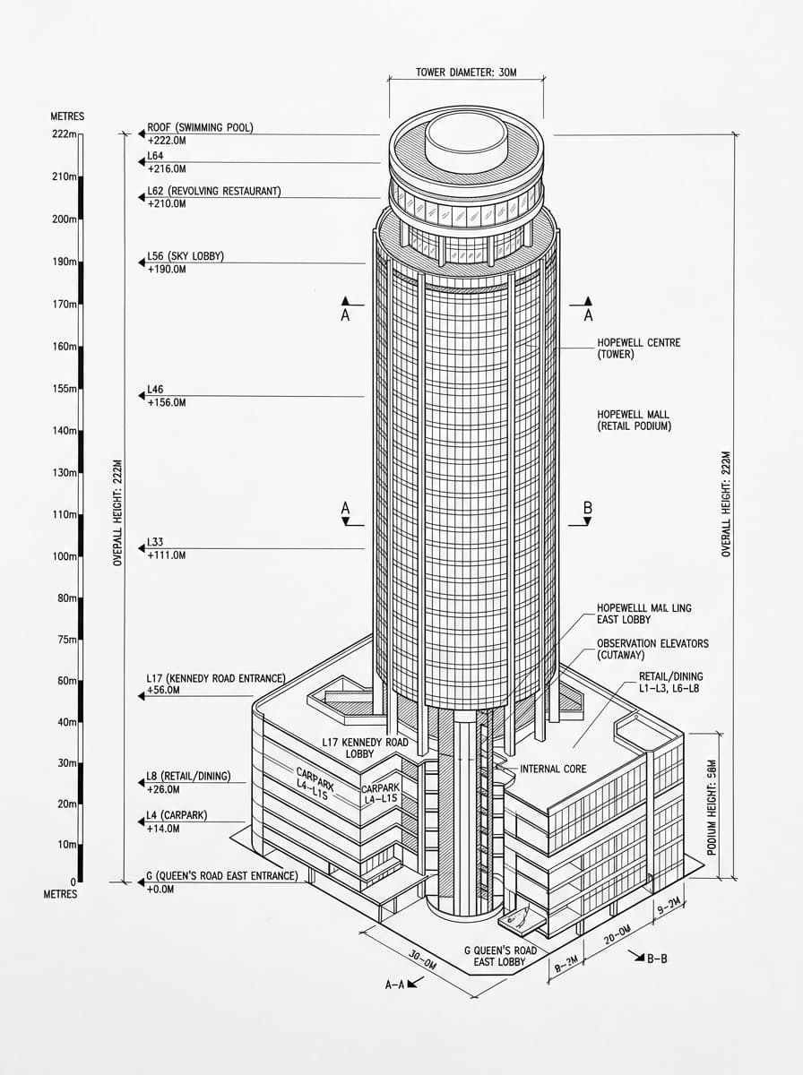 Architectural elevation drawing of Hopewell Mall, Wan Chai, Hong Kong