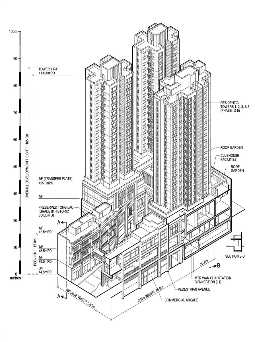 Architectural elevation drawing of Lee Tung Avenue, Wan Chai, Hong Kong