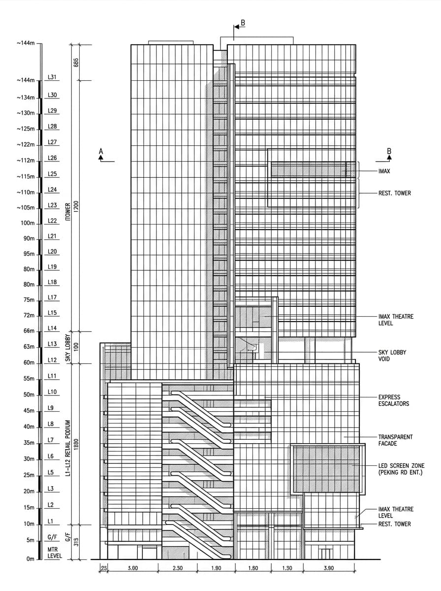 Architectural elevation drawing of iSquare, Tsim Sha Tsui, Hong Kong