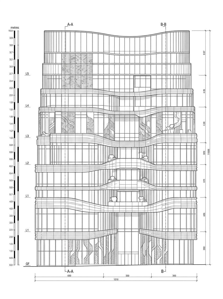 Architectural elevation drawing of K11 Art Mall, Tsim Sha Tsui, Hong Kong