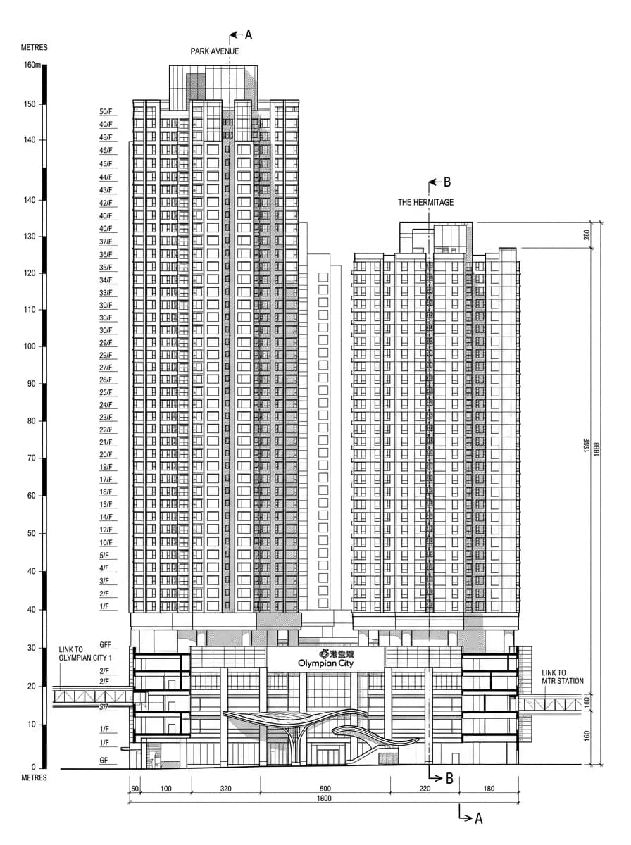 Architectural elevation drawing of Olympian City, Yau Tsim Mong, Hong Kong