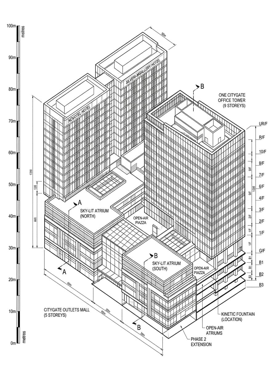 Architectural elevation drawing of Citygate Outlets, Islands, Hong Kong