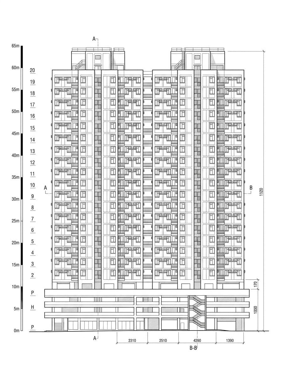 Architectural elevation drawing of Mei Foo Sun Chuen, Sham Shui Po, Hong Kong