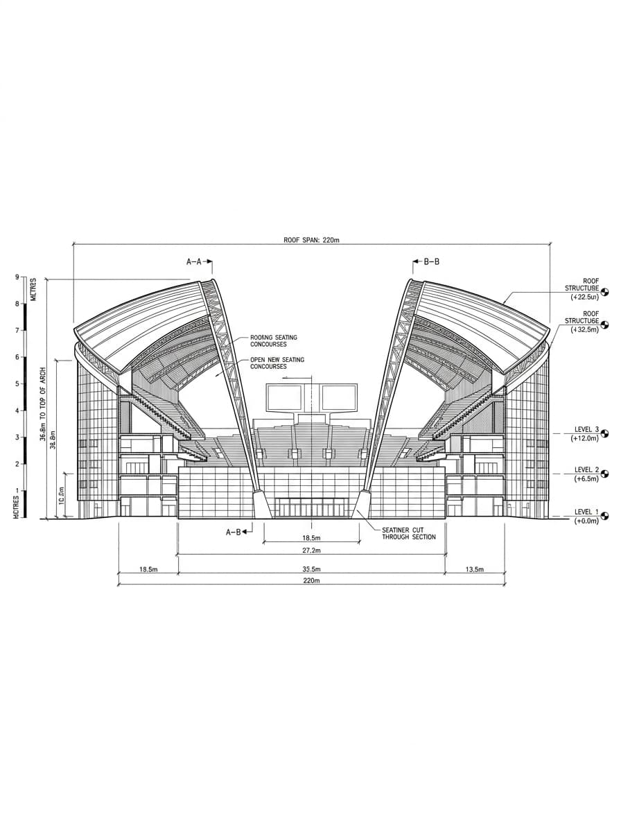 Architectural elevation drawing of Hong Kong Stadium, Wan Chai, Hong Kong