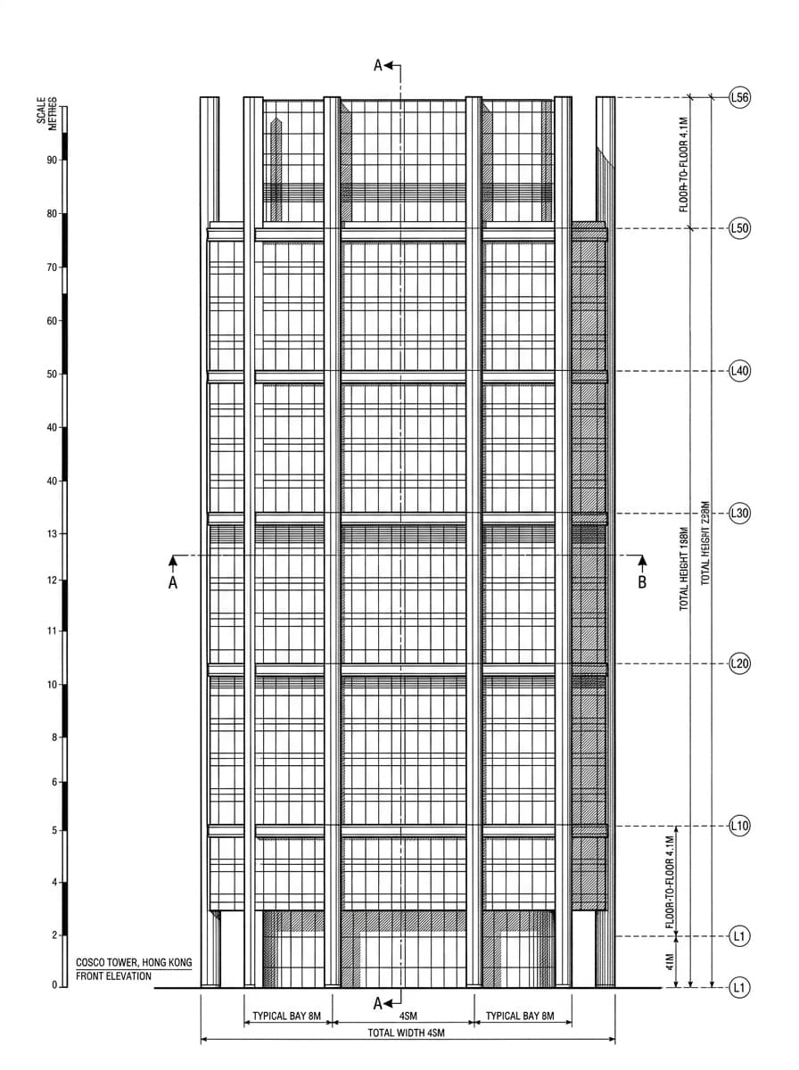 Architectural elevation drawing of Cosco Tower, Sheung Wan, Hong Kong